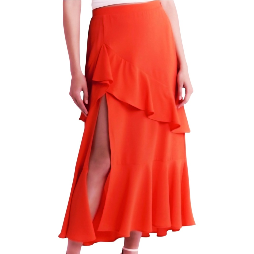 Show Me Your Mumu Orange Tiered Ruffle Sexy High Leg Slit Nala Midi Skirt- Small